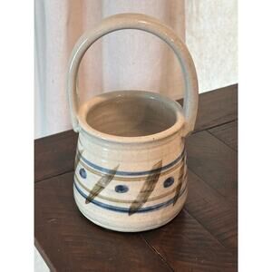 Studio art pottery handled basket signed